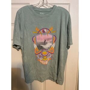 Roxy Womens Graphic Tee Seafoam Green Surfer Retro Fearless and Free Size Medium
